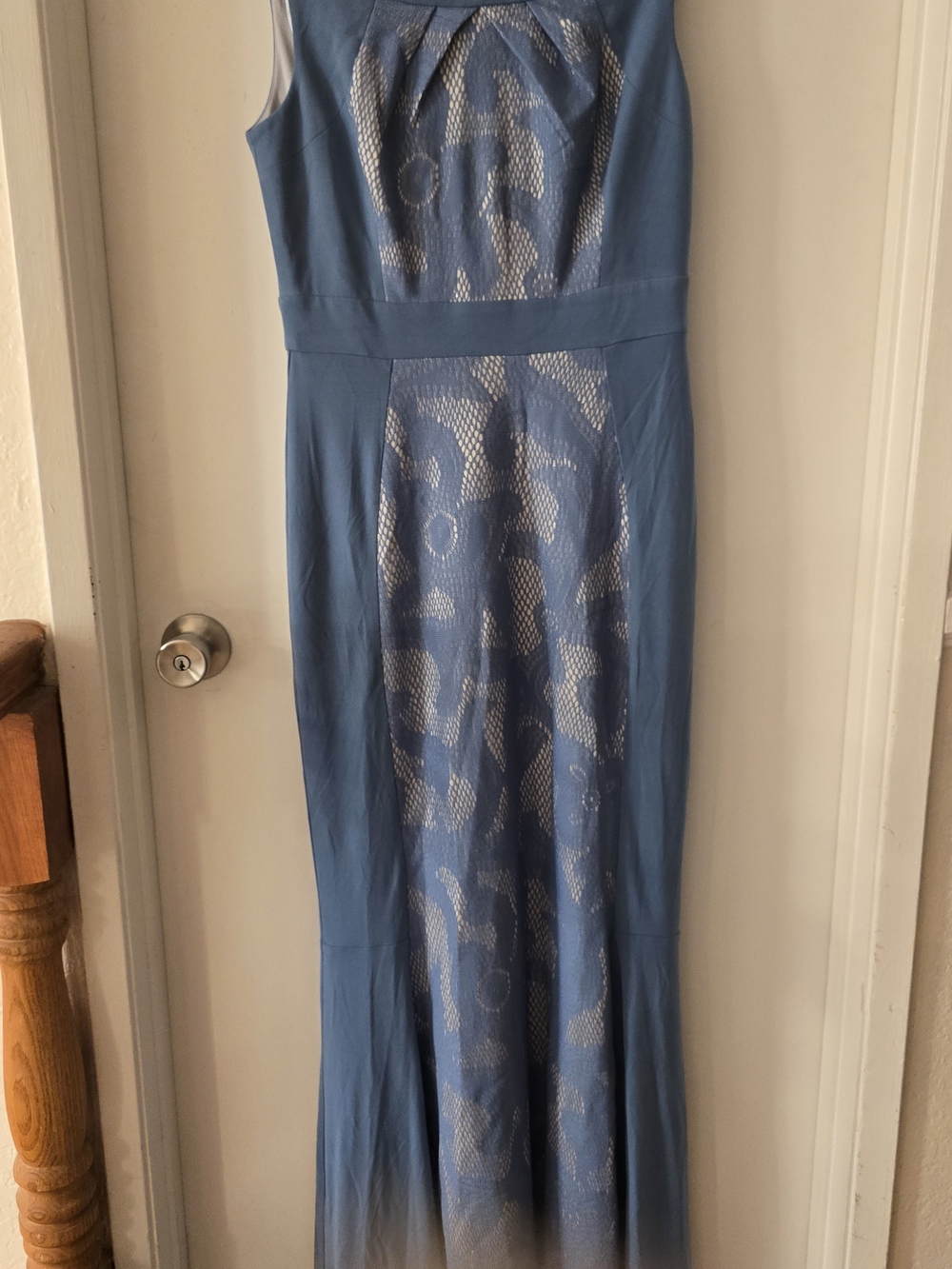 Signature by Sangria Blue Sleeveless Maxi Dress with Patterned Front Panel